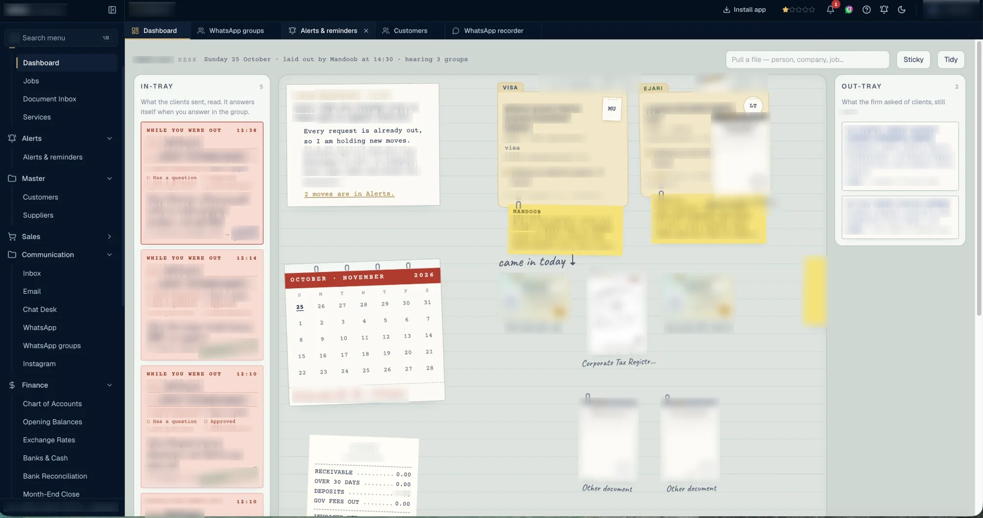 Ekko PRO: The PRO desk: the in-tray from client groups, notes, papers due and the calendar.